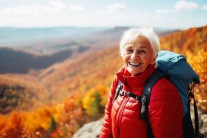 AI generated An elderly woman hiking in the mountains. AI generated photo