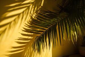 AI generated shadow of a palm leaves on a yellow wall, neural network generated image photo