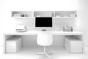 ai generado oficina lugar de trabajo escritorio en frente de vacío silla aislado en blanco fondo, neural red generado imagen foto