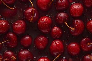 AI generated Fresh red cherry with water drops seamless closeup background and texture, neural network generated image photo