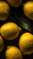 AI generated seamless texture and full-frame macro background of fresh lemons covered with water drops, neural network generated image photo