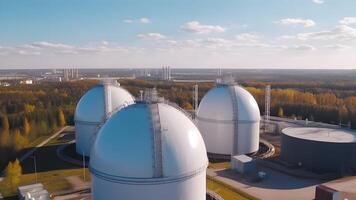 ai generado blanco esférico tanques para almacenamiento hidrógeno gas a al aire libre almacenamiento instalación, neural red generado imagen foto