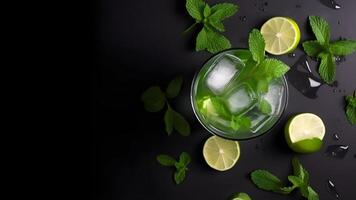 ai generado parte superior ver de refrescante menta cóctel mojito en un vaso en negro antecedentes con Lima, menta hojas y hielo, neural red generado imagen foto