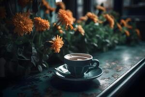 AI generated cup of coffee and flowers on the table, neural network generated photorealistic image photo