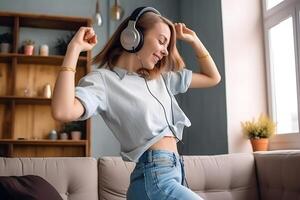 AI generated Overjoyed millennial girl wearing wired headphones having fun with music, neural network generated image photo