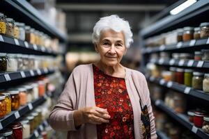 AI generated senior Caucasian woman choosing a product in a grocery store. Neural network generated photorealistic image photo