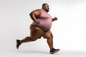 AI generated Overweight African American man running on white background, concept of overweight and weight loss. Neural network generated photorealistic image photo