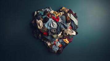 AI generated used clothes folded to form a heart on grey background, neural network generated photorealistic image photo