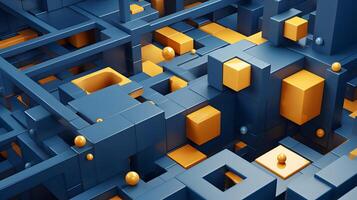 AI generated abstract background of 3D photorealistic gloss spheres and cuboid shapes in blue and yellow colors, neural network generated image photo