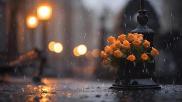 AI generated rainy funeral with yellow flowers bouqet with bokeh, neural network generated photorealistic image photo