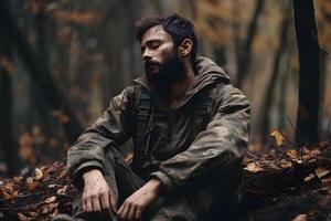 AI generated dirty tired soldier sleeps sitting on deep forest floor at autumn evening, neural network generated image photo
