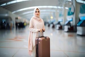 AI generated smiling young adult Muslim traveler woman in an airport with suitcase, neural network generated photorealistic image photo