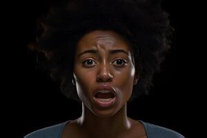 ai generado sorprendido y asustado joven adulto africano americano mujer, cabeza y espalda retrato en negro antecedentes. neural red generado imagen foto