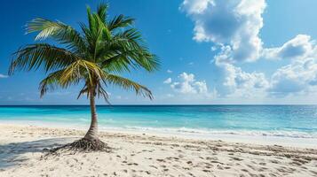 AI generated Surreal and wonderful dream beach with palm tree on white sand and turquoise ocean photo