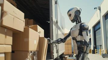 AI generated Innovative industry robot working in warehouse for human labor replacement, Concept of artificial intelligence for industrial revolution and automation manufacturing process photo