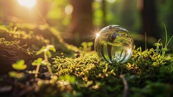 ai generado cristal globo descansando en izquierda en un bosque, ambiente concepto, ai generado. foto