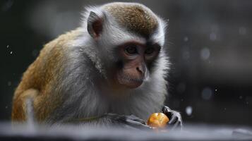 ai generado pensativo mono contempla vida mientras participación fruta, rodeado por agua gotas y un oscuro ambiente foto