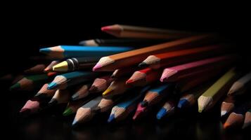 AI generated Assorted Colored Pencils Laid Out on a Dark Surface in a Low Light Setting. photo