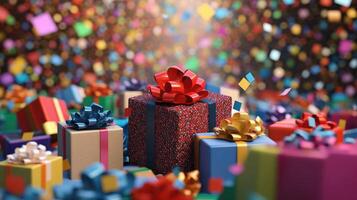 AI generated Festive Celebration Abounds with Vibrant Gift Boxes and Colorful Confetti in Joyful Display photo