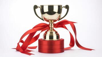 AI generated Shiny Gold Trophy Cup with Red Ribbon on a White Background Celebrating Victory and Success photo