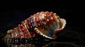 AI generated Close-up of a vibrant sea shell with intricate patterns and glossy finish on a reflective dark surface. photo