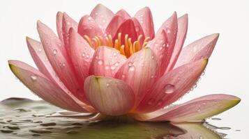 AI generated Close up of a delicate pink water lily with water droplets on petals, reflecting serenity and natural beauty on white background. photo