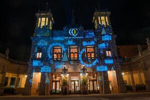 Italy 2023 Ancient Art Nouveau building illuminated for the New Year celebrations photo