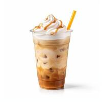 AI generated ice cold cofee in a cup with whipe cream on top photo