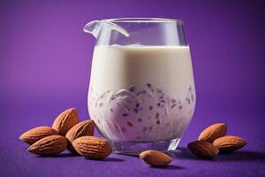 AI generated Almond Milk on Purple Background photo