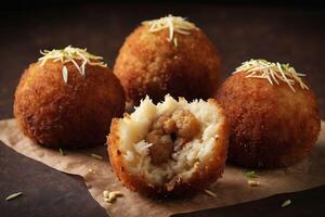 AI generated Gourmet Stuffed Arancini Display on Brown Background photo