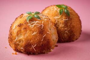 AI generated Gourmet Arancini on Pink Background photo