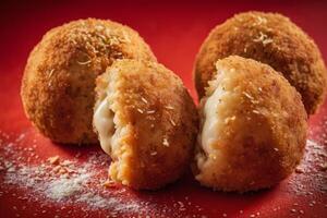 AI generated Arancini on Red Background photo