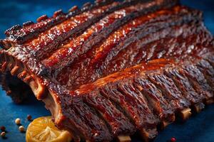 AI generated BBQ Ribs on Blue Background photo