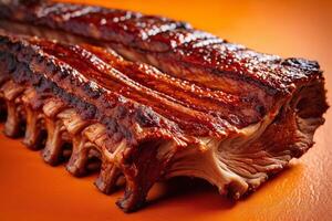 AI generated Bbq Ribs on Orange Background photo