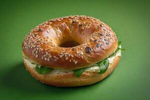 AI generated Fresh Veggie Bagel Sandwich on Green Background photo