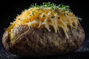 AI generated Gourmet Stuffed Baked Potato on Black Background photo