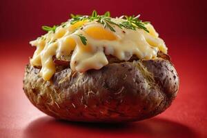 AI generated Loaded Baked Potato with Cheese on Red Background photo