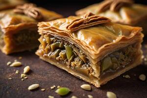 AI generated Baklava on Brown Background photo