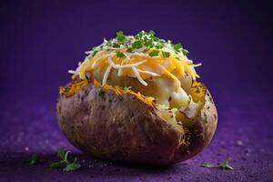 ai generado caseoso horneado patata en púrpura antecedentes foto