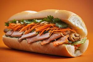 ai generado banh mi emparedado en naranja antecedentes foto