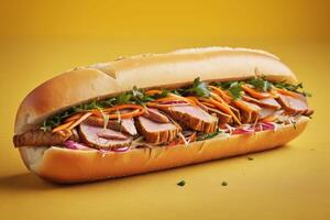AI generated Classic Banh Mi with Pickled Vegetables on Yellow Background photo