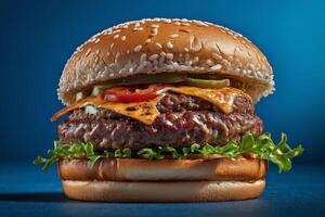 ai generado carne de vaca hamburguesa en azul antecedentes foto