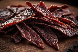 AI generated Beef Jerky on Brown Background photo