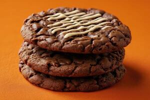 AI generated Chocolate Cookies with Peanut Butter Frosting on Orange Background photo