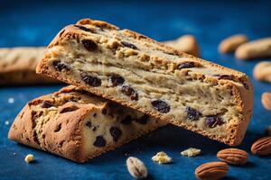 AI generated Almond and Cranberry Biscotti on Blue Background photo