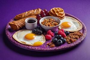 ai generado desayuno plato en púrpura antecedentes foto