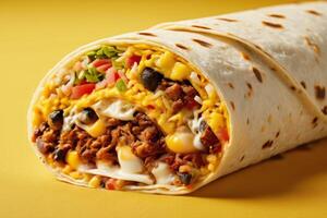 AI generated Cheesy Chicken Burrito on Yellow Background photo