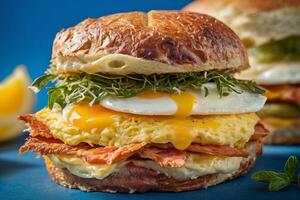 AI generated Close Up of a Breakfast Sandwich on Blue Background photo