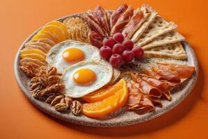 AI generated Breakfast Platter on Orange Background photo