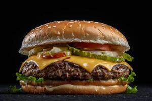 ai generado suculento doble hamburguesa con queso en oscuro foto